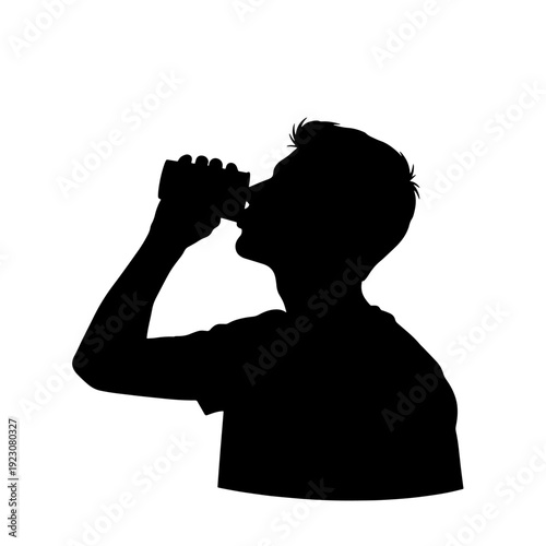 Silhouette of a person drinking from a can, seen in profile against a white background.