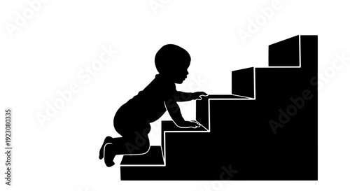 A silhouette of a baby crawling up a flight of stairs, symbolizing growth and overcoming challenges.