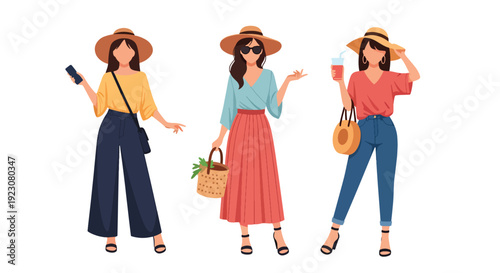Set vector collections of women summer fashion characters wearing modern trendy style for holiday vacation, seaside lifestyle, seasonal apparel and warm weather illustration