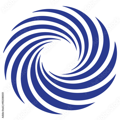Abstract blue geometric shape with numerous curved blades forming a swirling vortex pattern, isolated on a transparent background, dynamic design element for various projects