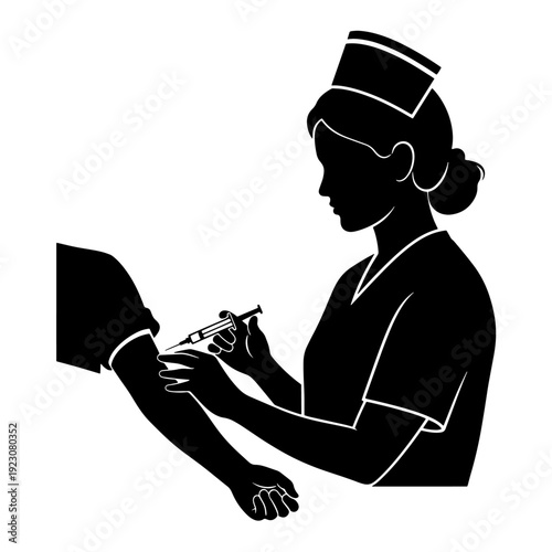 Silhouette of a nurse administering an injection to a patient's arm, medical procedure.