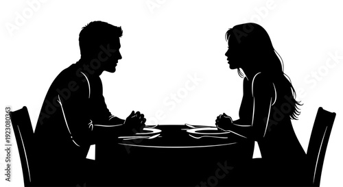 Silhouette of a man and a woman sitting at a table, facing each other, engaged in a conversation or a romantic date.