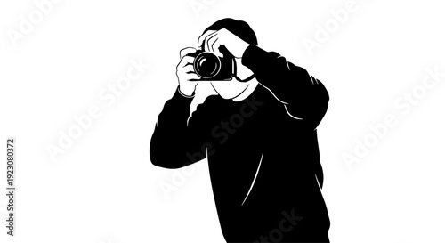 Black and white silhouette of a person holding a camera and taking a photograph, minimalist style.