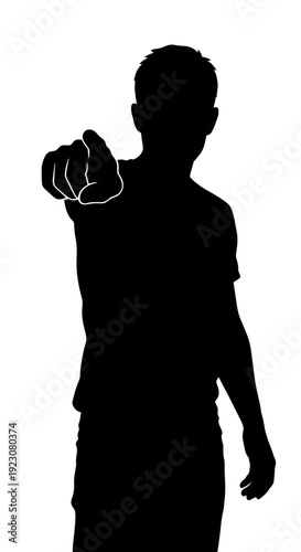 A black silhouette of a person pointing directly at the viewer on a white background, symbolizing choice or accusation.