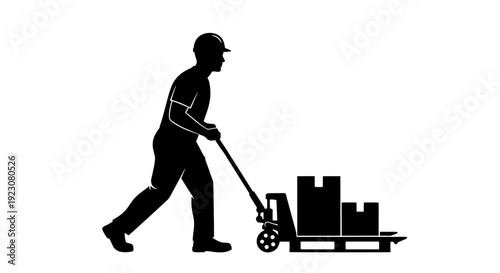 Silhouette of a worker wearing a hard hat, pushing a pallet jack loaded with boxes on a pallet, representing warehouse operations.