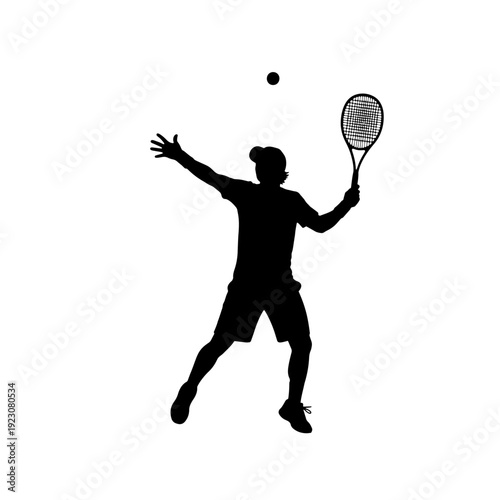 Silhouette of a tennis player in mid-air serving a ball with a racket, captured in a dynamic pose.