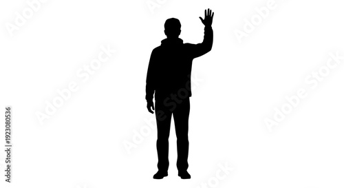 A black silhouette of a person standing and waving with one hand on a white background.