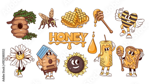 Honey cartoon mascot set with bees, honeycomb, hive, dripping honey, jar, dipper, drops, sunflower, flower, toast, cute characters in groovy outline cartoon vector illustration
