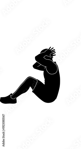 A black silhouette of a person performing a sit-up exercise, with bent knees and hands behind the head, on a white background.
