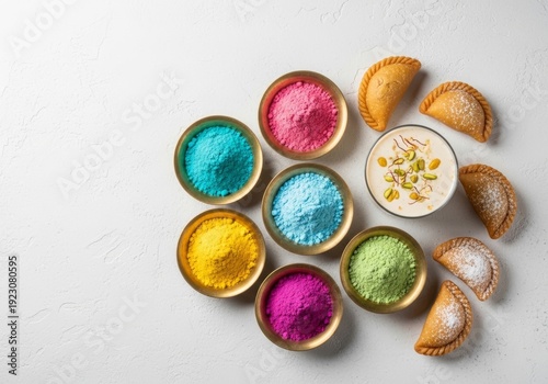 Colorful Holi powder (gulal) in brass bowls with sweet gujia and Thandai drink. Indian festival celebration background for culture and tradition.