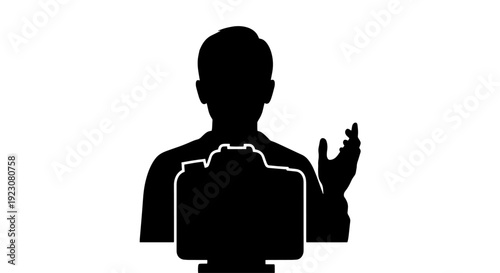 Silhouette of a person holding a camera and gesturing, against a white background.
