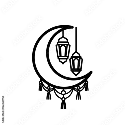 Crescent moon with lanterns and decorative tassels symbolizing Islamic culture and celebration.