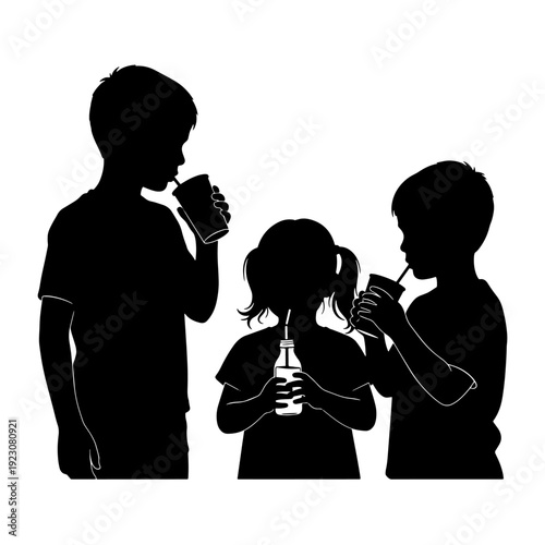 Silhouette illustration of three children, two boys and one girl, drinking beverages with straws from different containers.