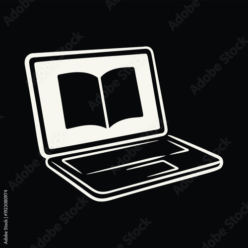 Laptop Negative Space Open Book – Off-White Minimal Line Art Vector on Black Background EdTech Learning Poster