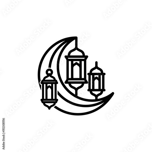 Islamic crescent moon with hanging lanterns symbolizing Ramadan and Eid celebrations.