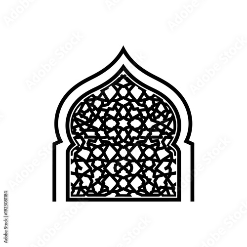 Islamic architectural window arch with intricate geometric pattern.