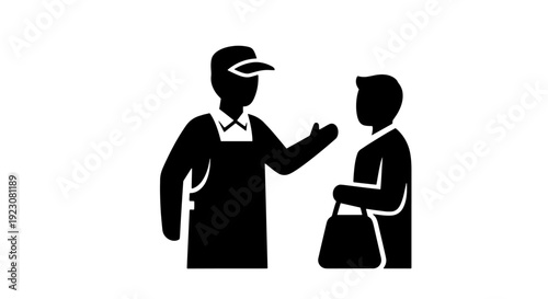 Silhouette illustration of a service worker assisting a customer with a purchase.
