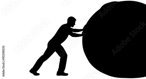 Silhouette of a man pushing a large, heavy black boulder with great effort on a white background.