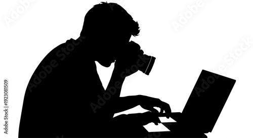 Silhouette of a person holding a camera to their eye while typing on a laptop, symbolizing photography and digital work.