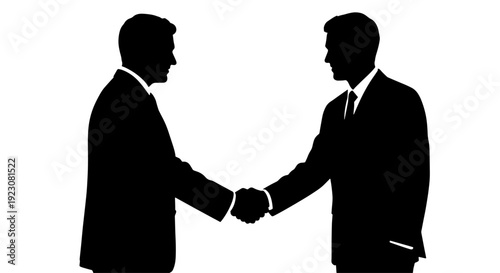 Two silhouetted businessmen shaking hands, symbolizing agreement, partnership, or a deal.