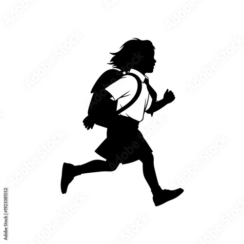 Silhouette of a schoolgirl running with a backpack, wearing a uniform, depicting urgency or being late for school.