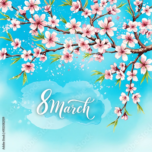 8 March Calligraphy Text with Blooming Spring Tree Branches and Pink Flowers Watercolor