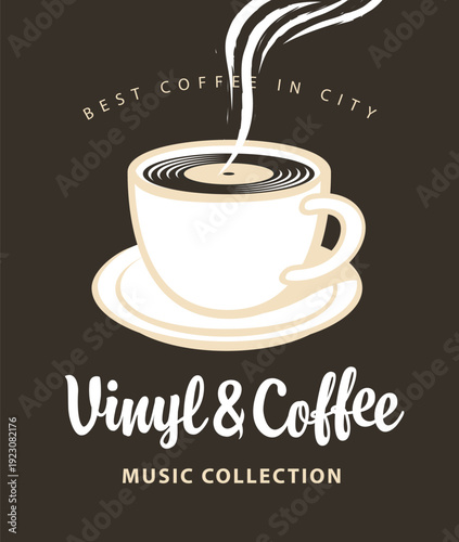 Vector banner for vinyl record store or menu for retro music restaurant, cafe with old vinyl record in cup, record player and lettering on black background in vintage style. No ai