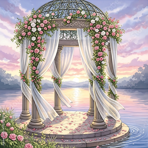 Romantic Wedding Gazebo with Pink Roses and Flowing Fabric on Lake Shore Watercolor Illustration