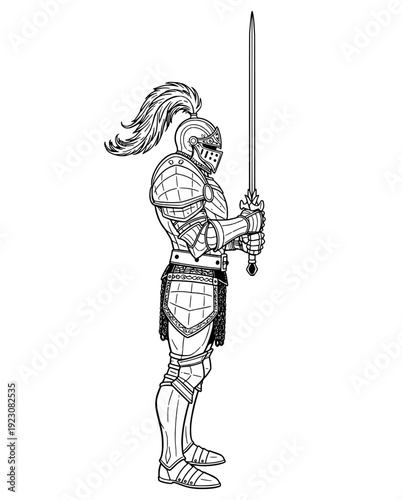 Medieval Knight in Full Plate Armor Holding Long Sword Side View Line Art
