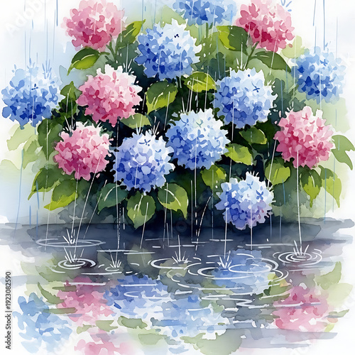 Beautiful Watercolor Hydrangea Flowers in Summer Rain with Water Ripples and Reflections