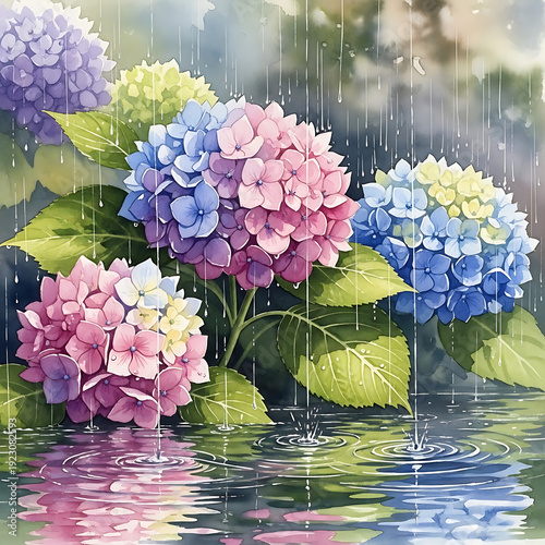 Beautiful Watercolor Hydrangea Flowers in Summer Rain with Water Ripples and Reflections