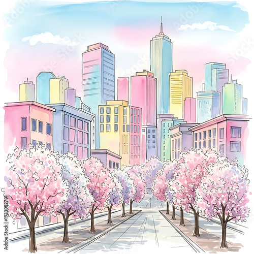 Modern City Skyline with Blooming Cherry Blossom Trees and Colorful Skyscrapers Watercolor Illustration