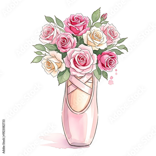 Elegant Pink Ballet Pointe Shoe with Rose Flower Bouquet and Silk Ribbons Watercolor Illustration