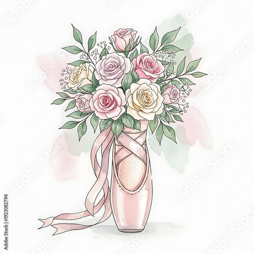 Elegant Pink Ballet Pointe Shoe with Rose Flower Bouquet and Silk Ribbons Watercolor Illustration