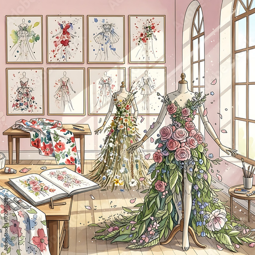 Vintage Turquoise Car with Huge Flower Bouquet and Gifts Driving on Summer Road Watercolor