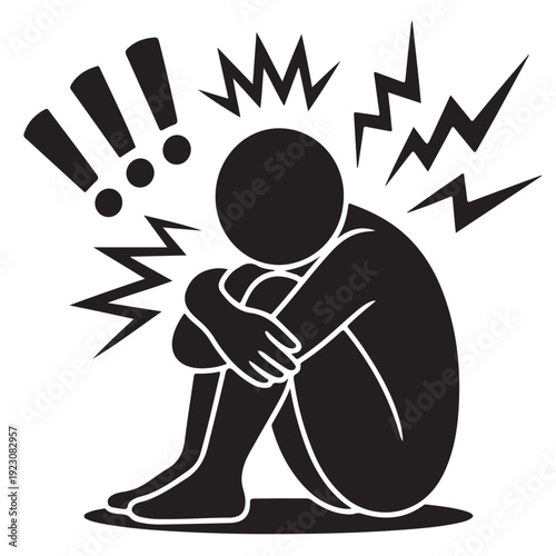 Silhouette person crouching low hugging knees showing stress anxiety depression mental health breakdown emotion concept