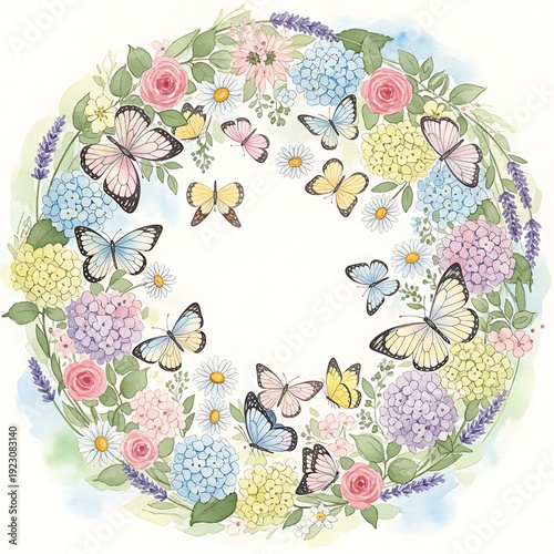 Watercolor Floral Wreath with Butterflies and Spring Flowers Round Border Template