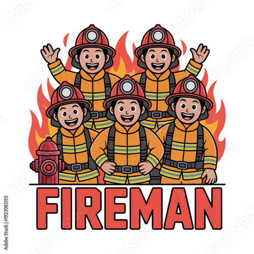 A group of cartoon firemen standing together heroically