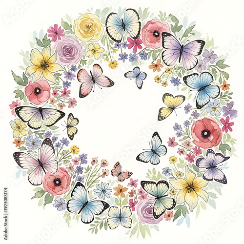 Watercolor Floral Wreath with Butterflies and Spring Flowers Round Border Template