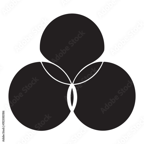 Triple circle overlap diagram in solid black color forming classic venn chart structure for logical reasoning and comparison analysis isolated on checkered transparent background for design