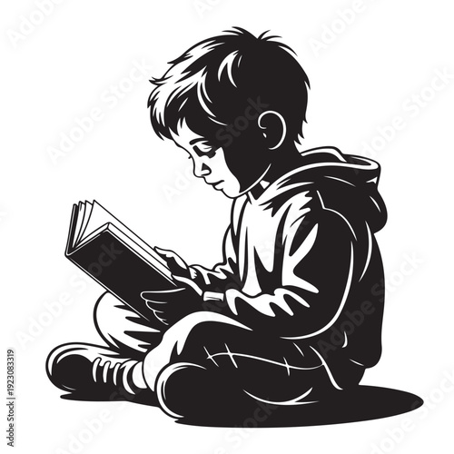 Young boy engrossed in reading book sitting cross legged on floor vector silhouette for education literacy promotion and quiet contemplation themes