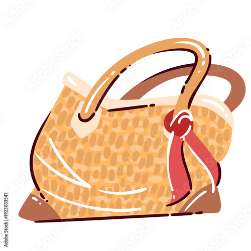 Beach Bag with woven wicker texture, curved handle and red ribbon detail in summer style. Beach bag illustrated in simple bold doodle cartoon style vector illustration.