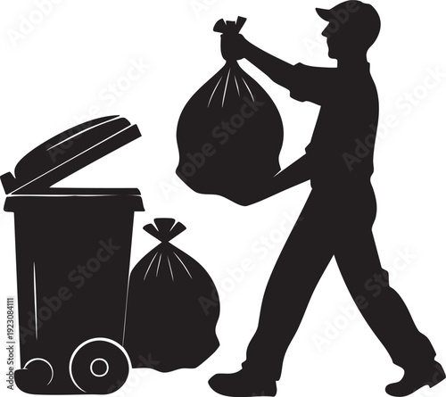 Silhouette of a sanitation worker carrying a full trash bag to a bin representing waste management and cleaning services isolated on white