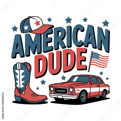 A cartoon illustration of an American dude with a car and cowboy boots