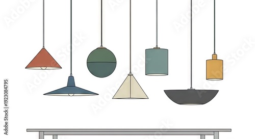 Geometric Pendant Lights Hanging Above Table in White Interior