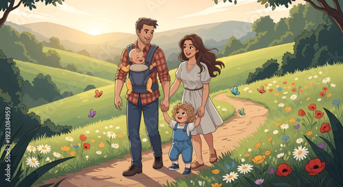 Illustration of family walking on winding path through vibrant meadow with 4_upscayl_6x_upscayl-standard-4x.eps scenery