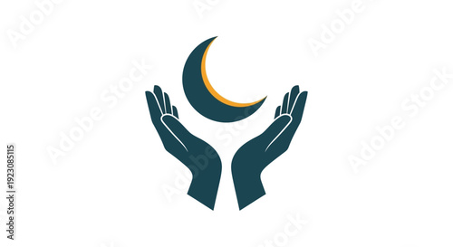 Cupped Hands Holding a Crescent Moon and Star Symbol, representing blessings and hope, isolated white background.