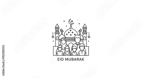 Outline Illustration of a Mosque with Worshippers and "Eid Mubarak" text, featuring Crescent Moon and Stars.