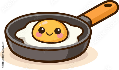 A kawaii-style illustration of a smiling fried egg in a frying pan. The egg has a bright yellow yolk with a cute smiley face, surrounded by white egg whites