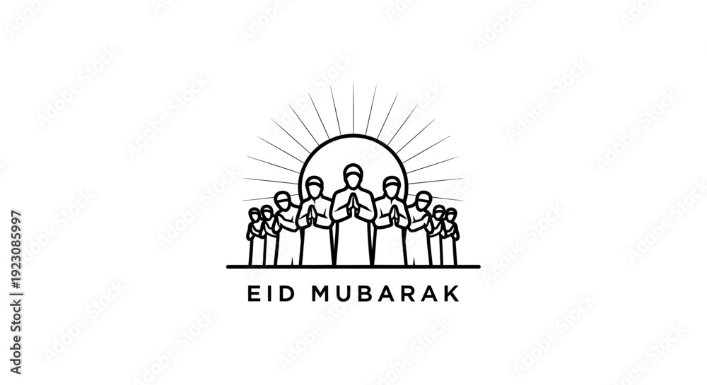 Fototapeta premium Simple Eid Mubarak Greeting with Family Illustration.